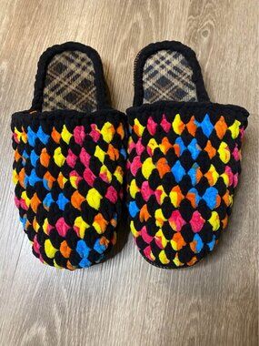 Chenille Closed-Toe Slippers Size 8.5 | Black Diamond Pattern | Multicolor | New